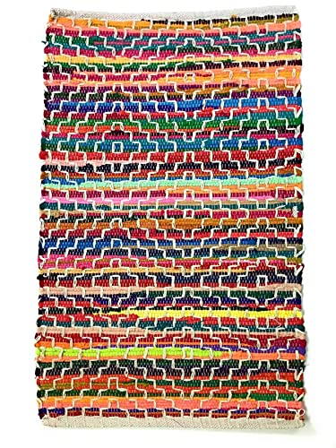Second Nature Online Kadam Alfombra de trapo multicolor tejida con telas multicolor y diseño geométrico de punto blanco (60 cm x 90 cm)