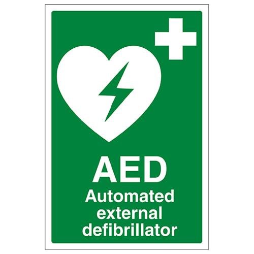 Señal general de primeros auxilios VSafety 31033AU-S «AED Automated External Defibrillator», autoadhesiva, vertical, 200 mm x 300 mm, color verde, idioma español no garantizado