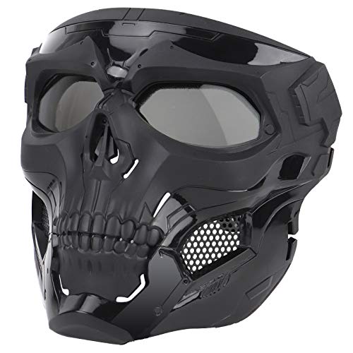 Sensong Airsoft Máscara Táctica Máscara Skull Protectora Skull Messenger Mask Equipo de Protección Máscara Facial Completa Negro Lente Gris para Adultos Caza Halloween CS Wargame