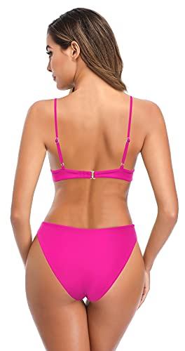 SHEKINI Mujer Bañador de Dos Piezas Color Sólido Aros Fijos Sin Espalda Correa Ajustable para Hombro Bikini Top Traje de Baño Dos Piezas Cintura Baja Bikini Bottoms (Rosa Fluorescente, L)