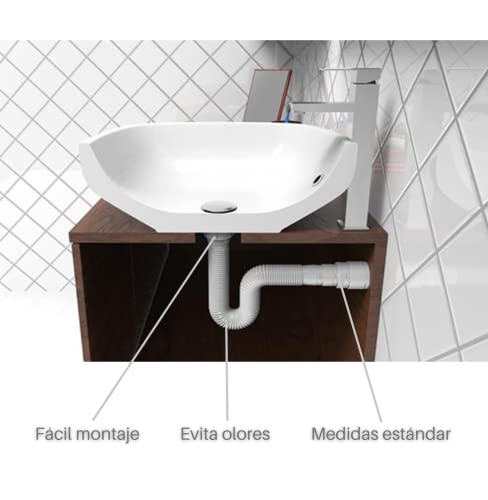 Sifon flexible para lavabo estándar - tubería extensible para desagüe lavabo - rosca de 1" 1/4 y tubo liso de 32 y 40mm y junta de estanqueidad incluida