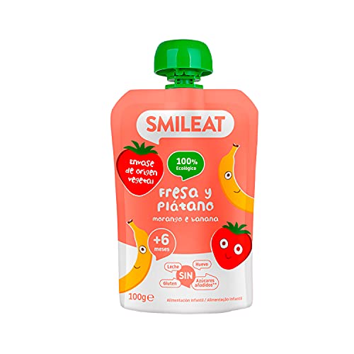 Smileat - Pouch Ecológico de Fresa y Plátano, Ingredientes Naturales Bebibles, Para Bebés a Partir de los 6 Meses - 100g