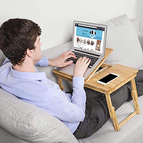 SONGMICS Mesa de Bambú para Ordenador Portátil, Tableta Inclinable, Mesa Plegable y Ajustable para Laptop, 63,5 x 35 x 33,5 cm LLD01N