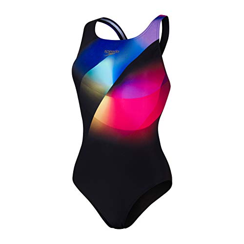Speedo Placement Digital Powerback Swimsuit, Mujer, Black/Violet/Diva/Pool/Mango, 34 (UK 12)