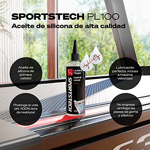 Sportstech Aceite de Silicona 50/100/250 ml + Tubo de aplicación | Lubricante para cinta de correr | Lubricante de silicona respetuoso con el medio ambiente | Aceite superior sin grasa y sin residuos