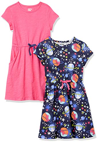 Spotted Zebra Knit Short-Sleeve Cinch-Waist Dresses Niña, Pack de 2, Rosa/Azul Marino, Planeta, 6-7 años