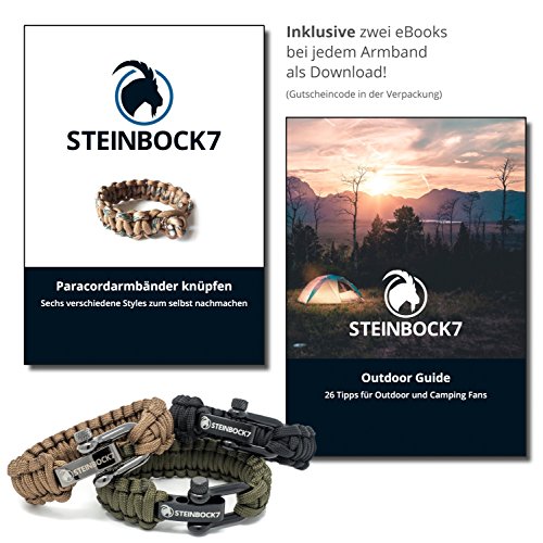 Steinbock7 - Pulsera de cuerda de supervivencia Paracord, color negro, cierre ajustable de acero inoxidable brillante, incluye instrucciones para el trenzado (idioma español no garantizado)