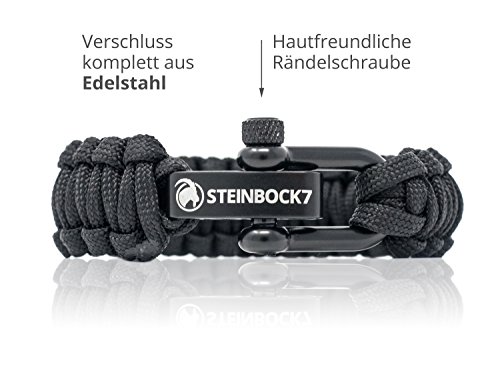 Steinbock7 - Pulsera de cuerda de supervivencia Paracord, color negro, cierre ajustable de acero inoxidable brillante, incluye instrucciones para el trenzado (idioma español no garantizado)