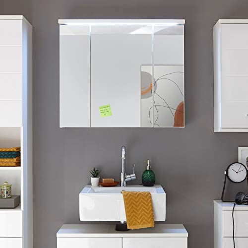 Stella Trading POOL - Armario con espejo para baño con iluminación LED en color blanco - Espejo de baño con mucho espacio de almacenamiento, material de madera, 80 x 69 x 20 cm