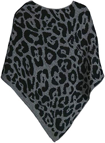 styleBREAKER Poncho de Punto Fino de Mujer con Motivo de Leopardo, Estampado Animal, Cuello Redondo 08010057, Color:Gris