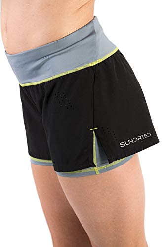 SUNDRIED Pantalones Cortos de Las Mujeres de Gimnasio Operando Fitness y Entrenamiento 2-en-1 Negro Short Shorts (Small)