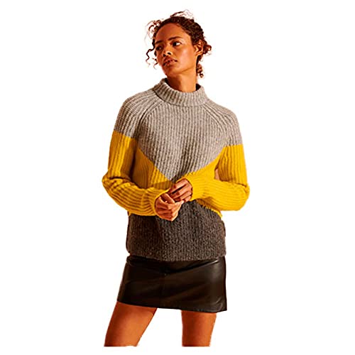 Superdry Super Lux Diamond Ribbed Crew suéter, Lead Grey/Staten Yellow, 12 para Mujer