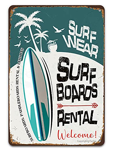 Surf Wear tablas de surf Alquiler de bienvenida tablas de paddleboards Alquiler y lecciones Vintage letreros de estaño Decoración de pared cartel de metal retro para al aire libre hogar playa
