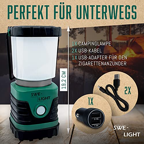SWE-LIGHT – Lámpara de camping premium – Ultra brillante LED lámpara de camping recargable – 4 modos de iluminación & intensidad regulable – Lámpara de exterior – Con gancho y gancho