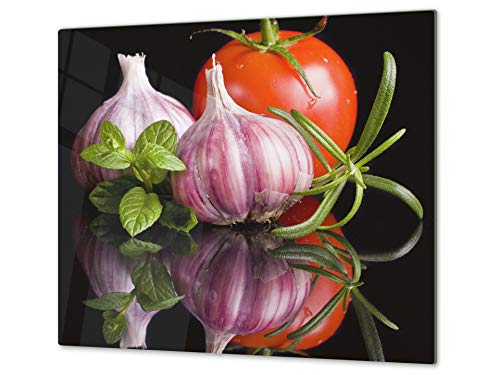 Tabla de cocina de vidrio templado - Tabla de cortar de cristal resistente – Cubre Vitro Decorativo – UNA PIEZA (60 x 52 cm) o DOS PIEZAS (30 x 52 cm); D07 Frutas y verduras: Ajo
