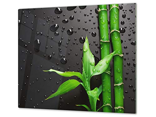 Tabla de cortar decorativa de cristal templado y cubre vitro – Dos en Uno – Resistente a golpes y arañazos – UNA PIEZA (60 x 52 cm) o DOS PIEZAS (30 x 52 cm); D08 Serie Naturaleza: Bambú con gotas