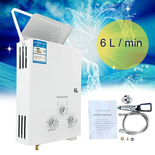 TABODD 6L 12KW - Calentador de agua portátil de gas natural para ducha, baño, agua caliente, camping con cabezal de ducha, color blanco