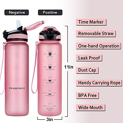 Taspire Botella de agua de 1 litro con pajita, a prueba de fugas, sin BPA, con marcas de tiempo, botella de agua motivacional con tiempos para beber (oro rosa)