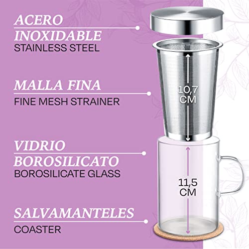 Taza de Te con Filtro y Tapa - Con Posavasos de Corcho - Vaso de Cristal de Borosilicato - Taza Grande de 400 ml