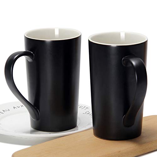 Tazas de café grandes de 20 oz / 600 ml, taza de cerámica Smilatte M007 Plain Tall con asa para hombres de papá, juego de 2, negro