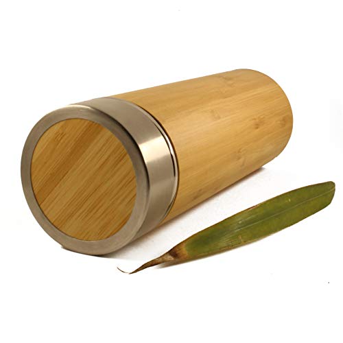 Termo de bambú con colador, té, café, jugo, botella de viaje aislada al vacío. Recubrimiento de acero inoxidable y madera, sin BPA,