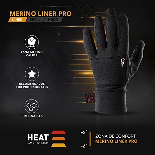 THE HEAT COMPANY – MERINO LINER PRO - guantes lana merino calientes - calidad del Alpes - guantes táctiles invierno - mujeres y hombres - para correr, ciclismo, deporte y jogging – negro – talla 8-9 M