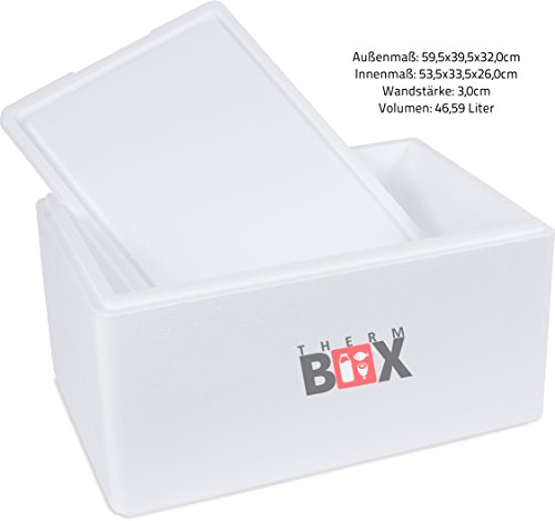 THERM BOX Caja térmica Caja de espuma de poliestireno Caja de refrigeración de poliestireno para alimentos y bebidas Caja de calentamiento 59,5x39,5x32cm 46,6 litros blanco xxl Reutilizable