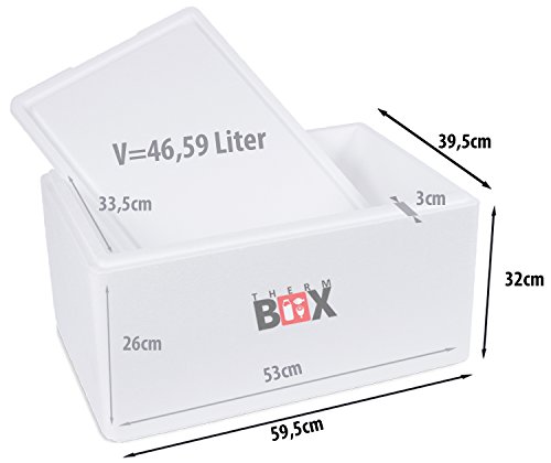 THERM BOX Caja térmica Caja de espuma de poliestireno Caja de refrigeración de poliestireno para alimentos y bebidas Caja de calentamiento 59,5x39,5x32cm 46,6 litros blanco xxl Reutilizable