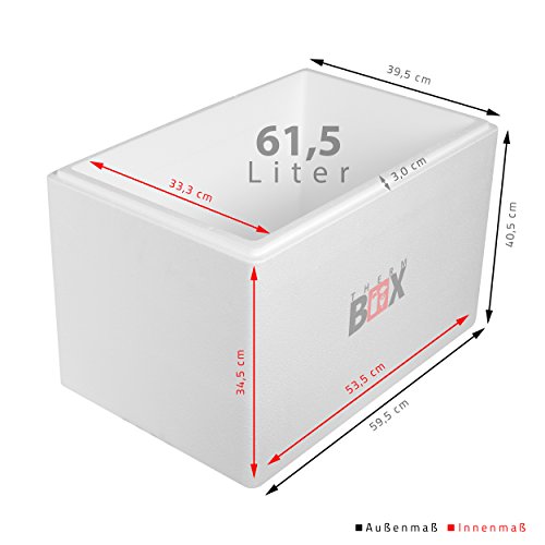THERM-BOX Caja térmica de poliestireno 61W, Interior: 53x33x34cm, Pared: 3,0cm, Volumen: 61,5L Caja aislada Caja térmica Caja de frío Caja de Mantenimiento de Calor Reutilizable