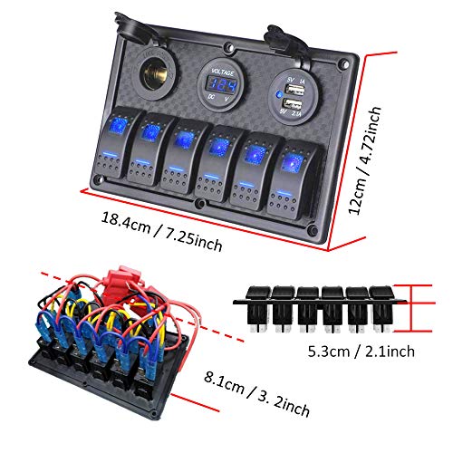 Thlevel Panel de Interruptores Basculantes a Prueba de Agua de 6 Pandillas, Pantalla de Voltaje Digital de 12 V / 24 V, Enchufe de Cargador USB Doble de 5 V