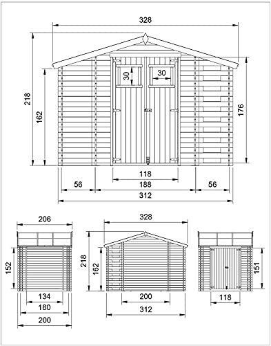 TIMBELA M389 Caseta de Madera para jardín con leñera y trastero - caseta de Pino/Abeto - H218 x 328 x 206 cm / 3,53 + 0,97 + 0,97 m2