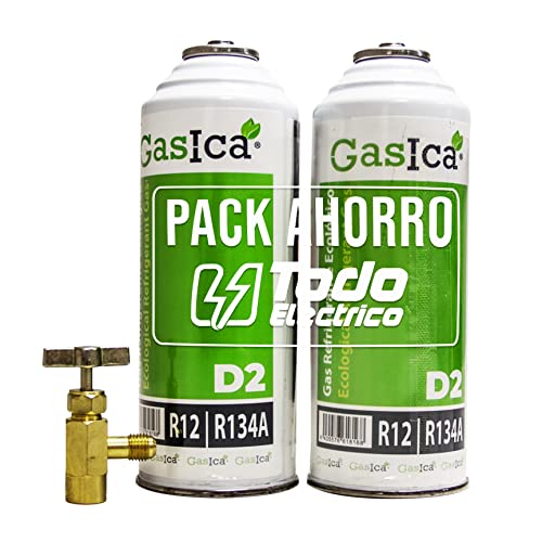 Todoeléctrico - Gasica D2 Pack Ahorro (2x255Gr) Botellas Gas Refrigerante Ecológico Gasica D2 sustituto de R12, R134A más Llave Recarga Gas para Aire Acondicionado