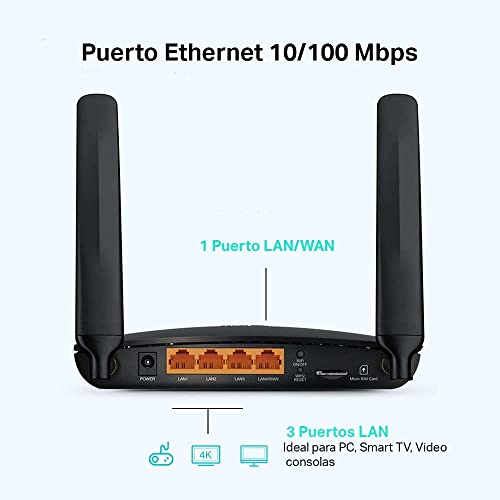 TP-Link TL-MR6400 - Router 4G LTE WiFi (Cat 4), velocidad hasta 300 Mpbs, MicroSim, puerto Ethernet LAN/WAN, antena desmontable, sin configuración, compatible con todos los operadores
