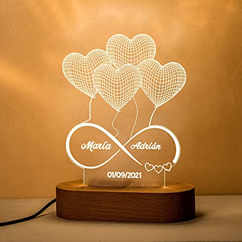 Transparent Gift Lámpara de Mesa 3D Led Romántica con Diseño Infinito + Corazón Personalizada - Lámpara de Metacrilato con Luz Nocturna Ajustable - El Regalo Original de parejas, novios y amigos