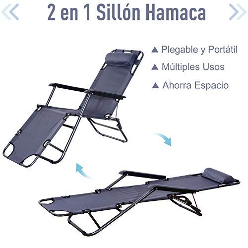 Tumbona Inclinable Acero Plegable con Almohada Playa Camping Piscina Hamaca 178x60x29cm Gris
