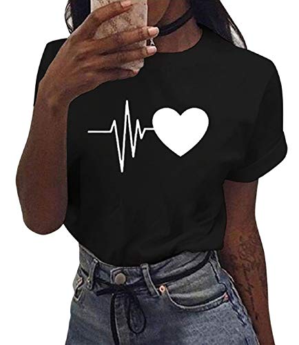 Tuopuda Camiseta de Mangas Cortas Mujer Corazón Impresión tee Clásico con Cuello en Redondo Basica Camiseta Ligera de Algodón Ablandado Verano Casual Tops