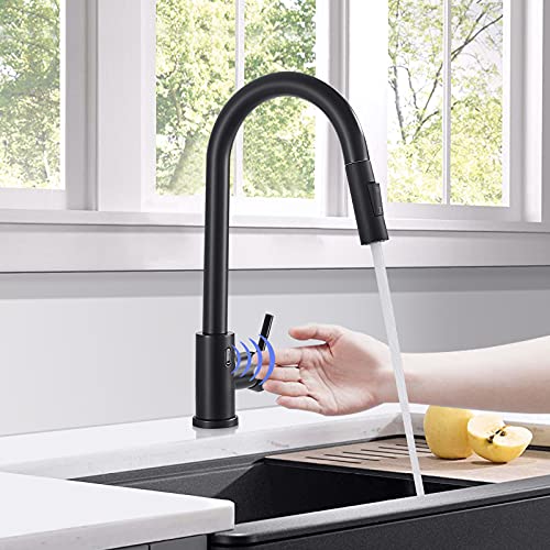 TVTIUO Grifo de cocina Grifo Fregadero Sensor ,sensor automático, 2 Funciones grifo de cocina con ducha extensible,giratorio de 360°,Negro