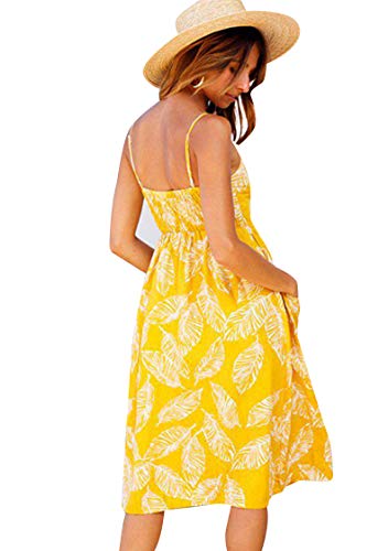 TYQQU Vestido de mujer sexy con botones en la parte delantera y espalda descubierta, vestido informal de trabajo, sin mangas, vestido de playa para fiesta, 0822 amarillo., L