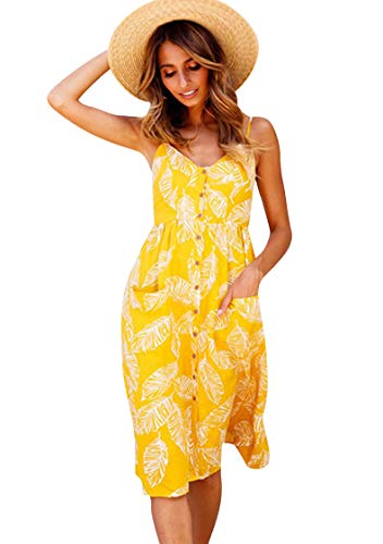 TYQQU Vestido de mujer sexy con botones en la parte delantera y espalda descubierta, vestido informal de trabajo, sin mangas, vestido de playa para fiesta, 0822 amarillo., L