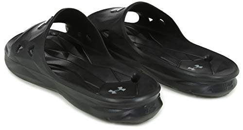 Under Armour Slides UA Locker III Chanclas de hombre, zapatos para playa de secado rápido, chanclas con correa ideales para el vestuario y la piscina, Black/Metallic Silver (001), 8