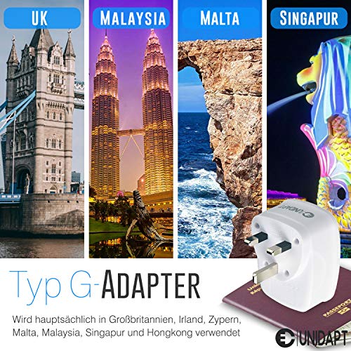 Unidapt Adaptador de Viaje para Reino Unido UK Adaptador de Enchufe para Reino Unido, 3 Puertos USB + 1 Tipo C, Adaptador de Corriente de 2 Pines a 3 para España de Europa GB Gran Bretaña Dubái Tipo G