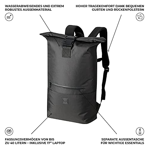 URBAN ZWEIRAD Roll-Top Mochila Hybrid 35L - Backpack Urbana para Uso Diario - Bolsa hidrófuga (Negro)