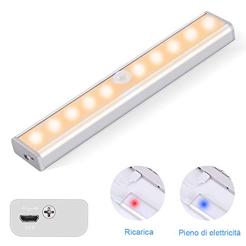 USFOT - Luz LED de armario con sensor de movimiento, luz nocturna con USB, 10 luces LED de dormitorio con tira magnética adhesiva para barra/pasillo/cocina