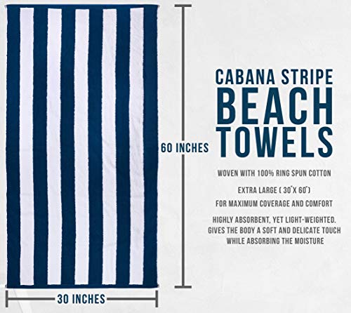 Utopia Towels-Toallas de Playa a Rayas Cabana, (76 x 152 cm) - Toallas de Piscina Grandes de algodón 100% Hilado en Anillos, Suaves y de Secado rápido (Paquete de 4 - Rojo, Azul Marino, Gris, Púrpura)