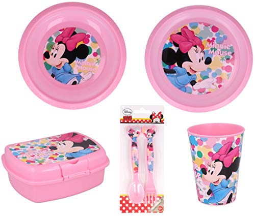 Vajilla infantil de 6 piezas de Minnie Mouse para niños y niñas. Contiene plato, vaso, tenedor, cuchillo, cuenco y sandwichera (Minnie Mouse - 6pcs)