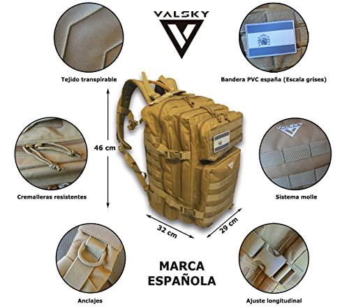 VALSKY Mochila tactica 45L + Bolsa de hidratación + Funda impermeable + Bandera España PVC. Mochila Militar para senderismo , mochila crossfit, mochila trekking. (45L, Beige España)
