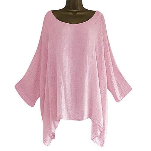 VEMOW Blusas Mujer Tops Damas de Mujer Camisetas Casual Talla Grande Algodón Lino Suelto Blusas de Color sólido Camisa(Rosado,XL)