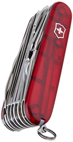 Victorinox Swiss Champ Navaja con 33 funciones, incluyendo alicates combinados, tijeras y lupa, de color rojo transparente