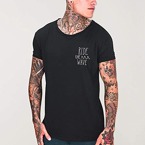 VIENTO Aloha Camiseta Cuello Abierto para Hombre (Negro, L)