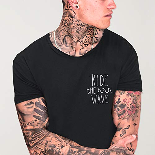 VIENTO Aloha Camiseta Cuello Abierto para Hombre (Negro, L)